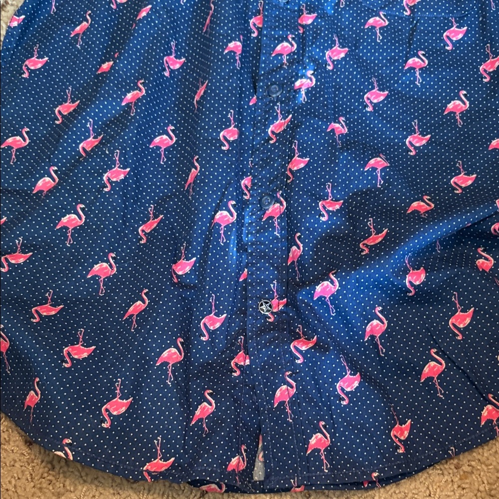 Good Vibes Slim Fit Navy Short-Sleeve Button-Down-Pink Flamingo Print Size Large - Picture 4 of 8